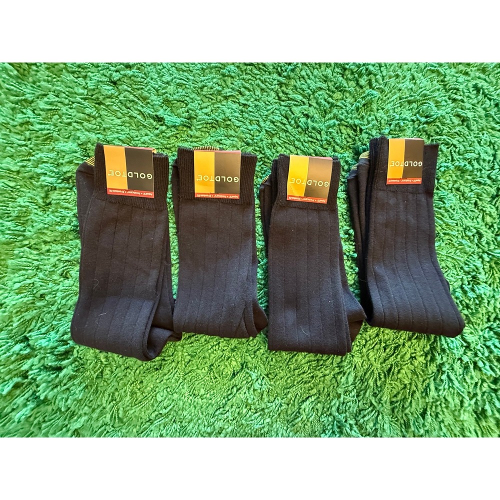 Gold Toe Chadwick Crew Socks Mens 10-13 Black New 4 Pair Ribbed AquaFX Cotton